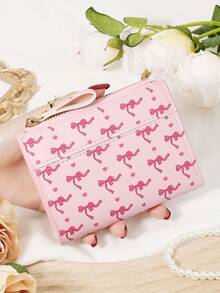 Ladies' Bow Printed Short Zipper Coin Purse, Portable Card Bag Wallet, Suitable For Daily Shopping And Travel - Pink - View 16