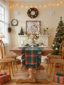 1/20pcs French Country Christmas Plaid Ruffle Table Runner, Suitable For Holiday Banquet, Restaurant Decor, Party Gathering, Home Dining Table, Window Display Decoration, Sideboard Shoe Cabinet Dust Cover - Green - View 2