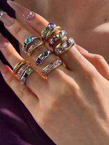 11pcs Set Exquisite Vintage Fashion Elegant Elegant Sophisticated Versatile Colorful Rhinestone Gold & Silver Rings Set For Women Daily Wear Vacation Date Holiday Party Jewelry - Multicolor - View 10