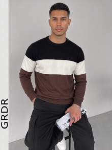 GRDR Men's New Colorblock Striped Crew Neck Long Sleeve Knit Top - Casual Daily Commute - Brown - View 3