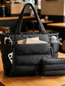 Casual And Minimalist Style, Fashionable Solid Color Series Quilted Tote Bag, Large Capacity Versatile Texture Shoulder Bag, Can Accommodate Tablets - Black - View 4