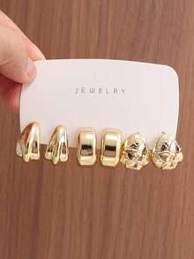 6/18PCS Fashionable Elegant Floral Geometric Textured Metallic Earring Set Suitable For Party, Banquet, Travel, Wedding, Vacation, Daily Wear Jewelry Gift (Lightweight ABS Material, Non-Fading) - Gold - View 2