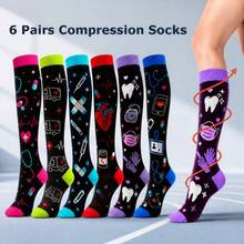 6 Pairs Colorful Graphic Knee High Socks, Fun Novelty Long Tube Socks With Ribbed Cuffs, Assorted Everyday Gift Set - M21 - View 1
