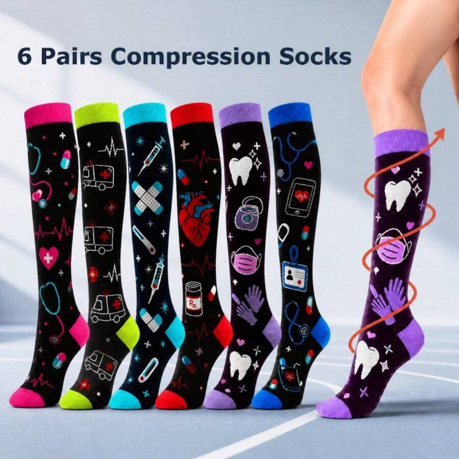 6 Pairs Colorful Graphic Knee High Socks, Fun Novelty Long Tube Socks With Ribbed Cuffs, Assorted Everyday Gift Set - M21 - View 1