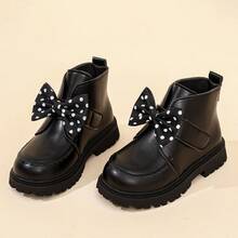 1 Pair Girls' Ankle Boots, Cute Polka Dot Bow Decor, Scalloped Edge Stitching, Hook And Loop Strap, Thick Textured Sole, Children's Boots, Suitable For Autumn/Winter, Daily, School, Party, Holiday Performance - Black - View 4