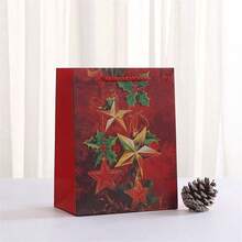 34/68/102pcs Vintage Red Christmas Star Gift Paper Bags With Handles, Poinsettia Candle Xmas Holiday Gift Wrapping Bags, Includes Christmas Stickers - Multicolor - View 3
