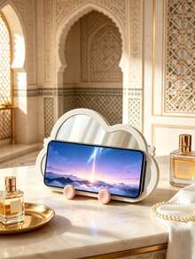 Cute Cloud Design Multifunctional Makeup Mirror, Built-In Phone Holder, Supports Smartphones And Small Tablets. Foldable Stand Suitable For Desktop Use, Back Hanging Hole For Wall Mounting. Equipped With Storage Hooks To Hold Hair Ties And Hair Clips. Ideal Vanity Decoration, Perfect For Makeup And Hands-Free Video Viewing. - Multicolor - View 5