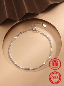 LEKANI S925 Sterling Silver Bracelet 1pc Minimalist Fashion Double Layer Design Exquisite Gold Plated Silver Jewelry Accessory For Women Gift For Girlfriend - Silver - View 5