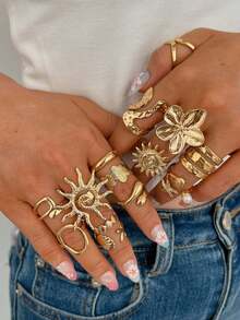 14/8/6pcs Bohemian Elegant Fashion Old Money Style Sunflower Floral Geometric Faux Pearl Ring Set Beach Vacation Daily Women Accessories - Yellow Gold - View 5
