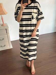 DAZY 1pc Women's Sleepwear Set, Short Sleeve Striped Nightgown With Cartoon Dog Pattern Pocket Decor, Suitable For Outdoor Wear, Spring/Summer - Multicolor - View 2