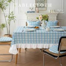 1pc Blue Plaid Print Tablecloth With White Ruffle Edge Decoration, Suitable For Dining Room, Balcony And Other Decorative Tablecloths. - Blue - View 2