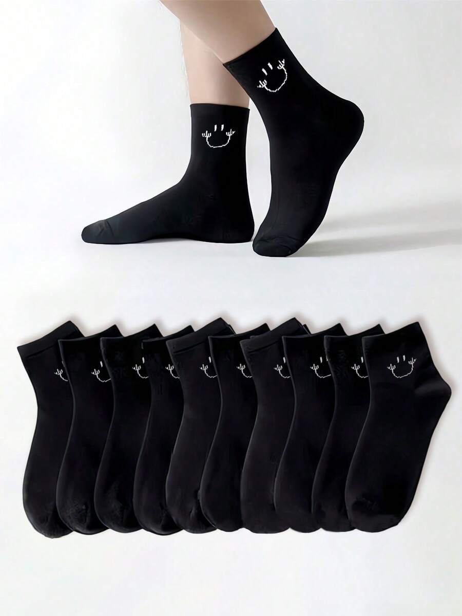 5/10/20 Pairs Women's Fun Printed Mid-Calf Socks, Avant-Garde Smiling Face Black Calf Socks, Suitable For Streetwear - Black - View 1