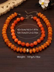 OABE 2pcs/Set Bohemian Style Orange Beaded Necklace Set With Round And Oval Beads Suitable For Women's Daily Wear - Orange - View 5