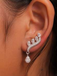 Autumn 2pcs 925 Silver Plated Unique Personalized Elegant Sparkling Rhinestone Feather Shape Water Drop Ear Climber Ear Stud Earrings - Multicolor - View 11