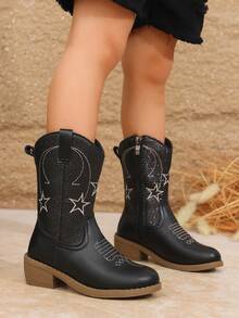 1 Pair Autumn/Winter Cool Black Denim Mid-Calf Boots With Embroidery Patchwork, Non-Slip Chunky Heel For Girls - Black - View 4