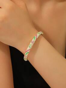 1pc Fashion New Style Gold Plated Exquisite Floral Enamel Cloisonne Bangle Hinged Cuff Rhinestone Jewelry Gift For Women - Hot Pink - View 2