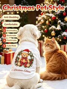 1Pc Xmas Festive Print Pet Tops, Lightweight Breathable Casual Clothes For Dogs & Cats Holiday Dress Up - Multicolor - View 1