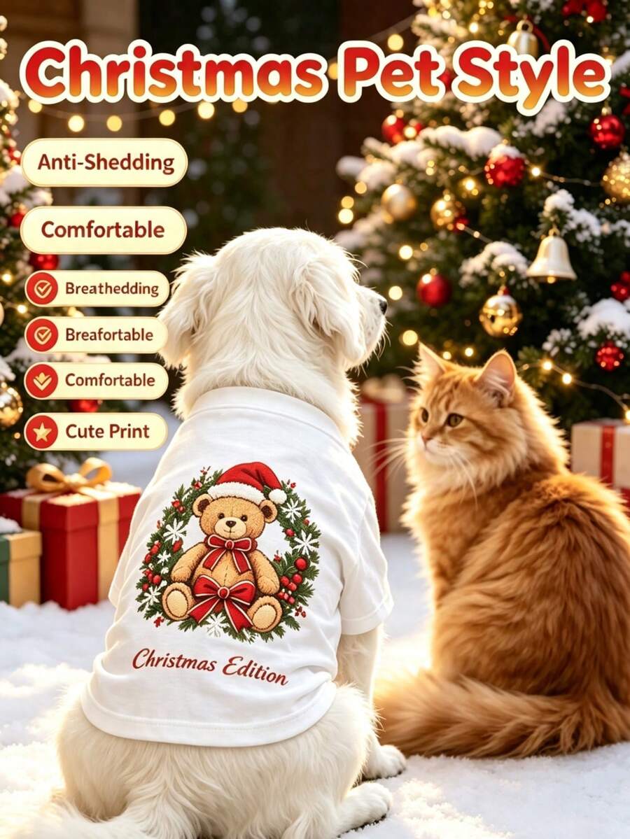 1Pc Xmas Festive Print Pet Tops, Lightweight Breathable Casual Clothes For Dogs & Cats Holiday Dress Up - Multicolor - View 1