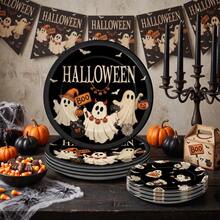 10/20/40pcs Vintage Boo Ghost Disposable Paper Plates, Black Background With Cute Ghost, Pumpkin And Bat Prints, 7 Inch And 9 Inch Dinner Plates, Spooky Autumn Halloween Tableware, Suitable For Halloween Party, Trick Or Treat, Autumn Gathering And Spooky Dessert Table Decoration - Ghost Edition - View 6