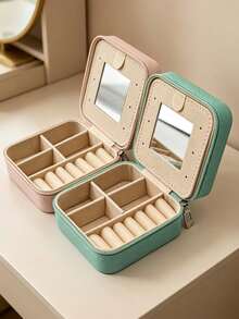 1pc Solid Color Zipper Jewelry Box, Portable Storage Box With Mirror, Large Capacity Jewelry Box, Travel Jewelry Zipper Box, Jewelry Box, Suitable For Earrings, Necklaces, Rings And More - Multicolor - View 7