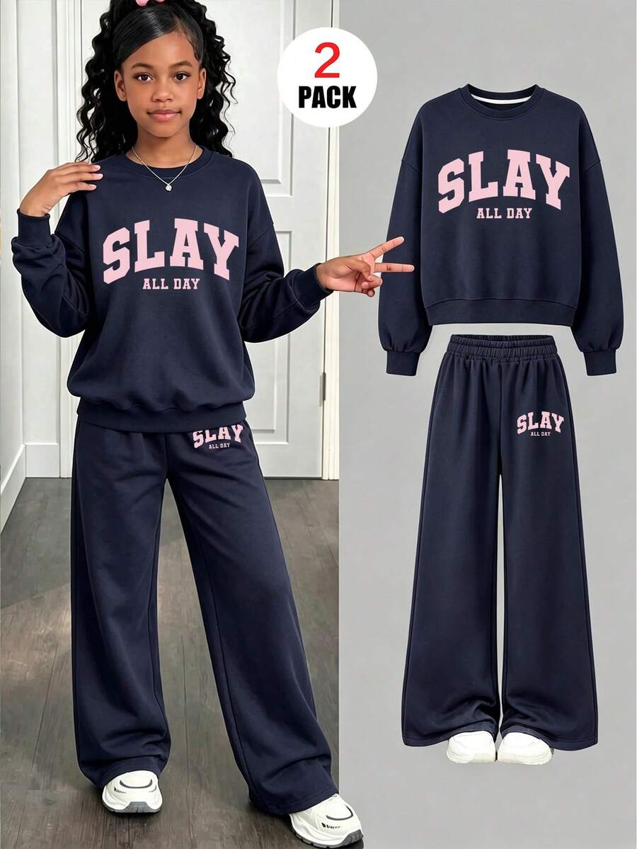 2pcs/Set Girls Casual Outfit, Includes "SLAY" Crew Neck Sweatshirt + Casual Pants, Soft And Comfortable, Suitable For Autumn/Winter Wear - Navy Blue - View 1