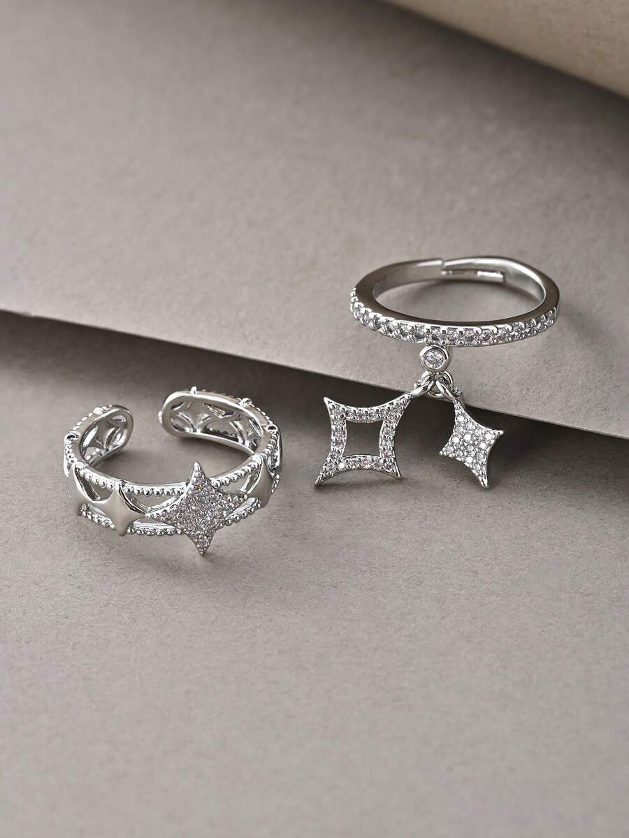 Bagues en argent, ensemble de bagues à plusieurs couches liées, bagues élégantes de luxe haut de gamme, convenant pour le port quotidien, les rendez-vous, les fêtes et les cadeaux - Argent - Voir 1