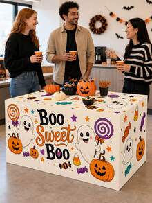 1pc Cream Cartoon Halloween Tablecloth, Cute Polyester Rectangular Three-Sided Tablecloth With Ghost, Pumpkin And Candy Print, Suitable For Fall Home Decor, Halloween Home Decor, Halloween Decoration, Party Decor And Outdoor Halloween Decoration - Multicolor - View 6