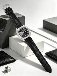 GUSALAI Men's Barrel-Shaped PU Leather Watch With Rhinestone Roman Dial, Dual Calendar, Vintage Quartz Wristwatch For Daily Wear And Holiday Gift - one-size - View 9