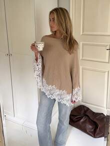 Suéter de Tricô com Ombro Frio Feminino, Top Assimétrica com Barra de Renda, Top Casual para Camadas no Outono/Inverno - Caqui - Visão 3