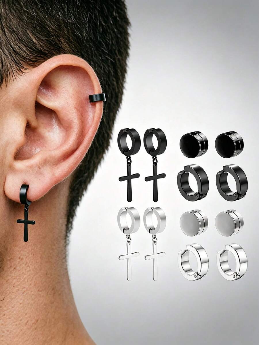 6 Pairs Mixed Magnetic Ear Clips Set, 304 Stainless Steel Hoop Clip‑On Earrings, Hypoallergenic Punk No Piercing Jewelry, Unisex For Daily Party Gift - 6 Pairs Ear Clips Set - View 1
