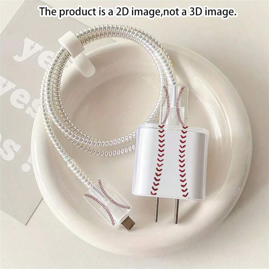 5pcs 2D Flat Design Baseball Element Pattern Phone Charger Protection Set Charger Head Cover + Cable Protector + Storage Rope + Data Cable Protector Wrap Rope, Suitable For IPhone 20W/18W Charger - Multicolor - View 1