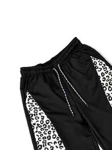 Women's Leopard Print Patchwork Wide Leg Sweatpants, Lightweight Breathable Drawstring Waist Loose Fit Joggers, Suitable For Fitness And Cycling - Black - View 5