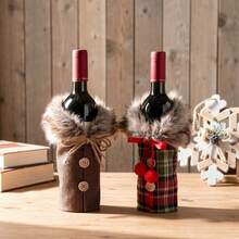Rustic Vintage Style, Linen Fabric, Cylindrical Shape, Faux Fur Collar, Wooden Buttons And Pom Pom Decoration, Decorative And Protective Function, Wine Bottle Sleeve, Suitable For Christmas, Holiday Dinner, Home Kitchen, Party And Winter Scenes - View 9