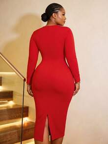NOU Women's Mid-Length Basic Round Neck Fitted Long Sleeve Dress With Double Layer Cuffs, Ruched Drawstring Detail At Hips, Slim Waist And Bodycon Pencil Skirt Silhouette To Highlight S-Curve Figure - Red - View 5