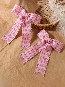 2pcs Pink Cherry Print Bow Hair Clips For Women, Cute Sweet Style Suitable For Dating, Party, Daily Wear - Multicolor - View 10