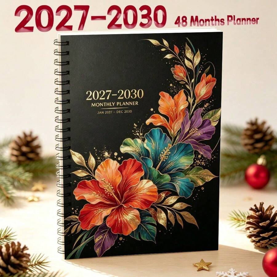 1 قطعة مخطط شهري A5 2027-2030 بغلاف بنمط هندسي وزهري، دفتر تقويم بسلك حلزوني 48 شهر، ورق فاخر بسلك مزدوج، منظم جدول أسبوعي وشهري للطالب والمكتب والمدرسة والمنزل - A5 - مشاهدة 1