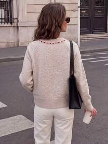 Women's Round Neck Red Button Knit Cardigan Sweater, Winter Christmas New Year Vintage Colorblock Long Sleeve Top, Suitable For Autumn - Apricot - View 5