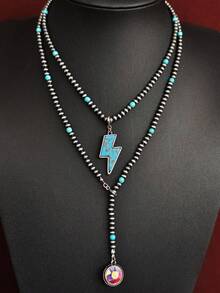 1pc Western Style Lightning Pendant Long Beaded Necklace, Vintage Y-Shaped Water Drop Colorful Rhinestone Pendant, Women's Layering Accessory, Multicolor - Necklace - View 7