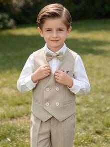 Young Boy Double-Breasted Vest Jacket + Pocket Long Pants + Exquisite Bow Tie Formal Suit Set - Khaki - View 4