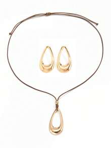 1 Set 3pcs Creative Ins Exaggerated Glossy Hollow Water Drop Stud Earrings And Adjustable Knot Necklace Set, Suitable For Women's Daily, Vacation And Party Wear - Gold - View 8