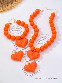 4pcs Fashion Red Beaded Heart Bracelet, Earrings, Necklace Set, Suitable For Women's Daily, Vacation, Beach, Party Wear, Gift - Orange - View 7