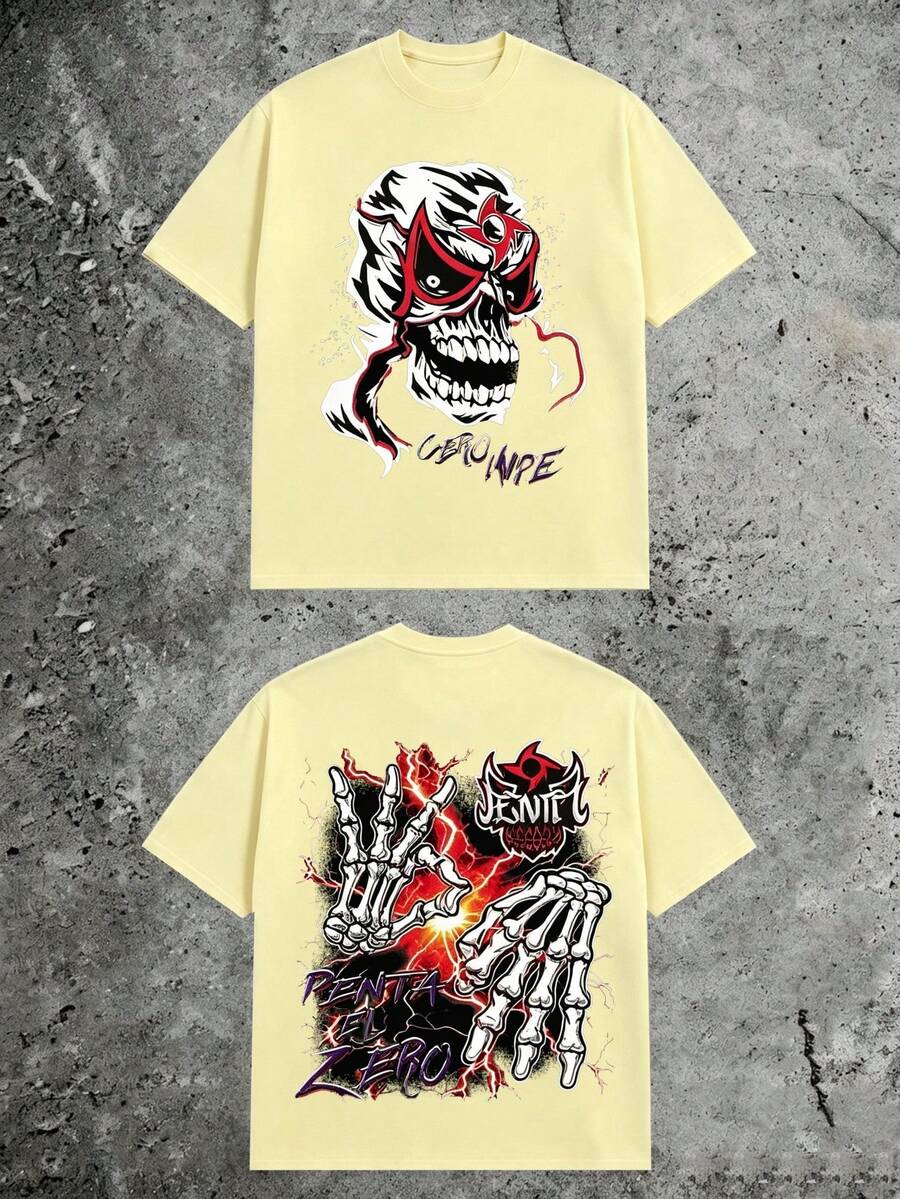 Bold Gothic Luchador Skull Mask Tee, Double‑Sided Skeleton Hands Lightning Grunge Print, 180g Pure Cotton Street Short Outfit For Men - 黃色2 - 查看 1