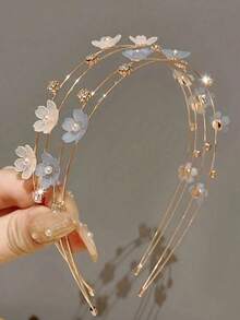 1pc Double Layer Alloy Thin Hair Tie With Faux Pearl Flower Decoration, Sweet Hair Accessory, Girls Headpiece - Multicolor - View 1