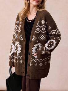 Women's Bohemian Style Knitted Cardigan, V-Neck, Button Front, Long Sleeve, Ribbed Knit Short Sweater, Suitable For Autumn/Winter Wear - Brown - View 5