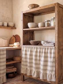 1/2pcs Beige Light Brown Horizontal Striped Table Skirt, Rustic Country Style Fabric Material, Rectangular Top With Pleated Details And Bottom Ruffle Hem, Concealment And Decorative Function, Suitable For Entryway Console Table Cover And Natural Rustic Home Decor - milk coffee color - View 8