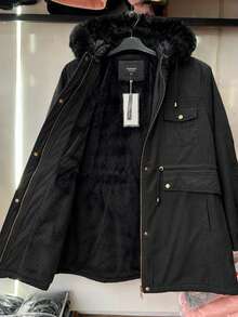 Casaco Parka de Sarja Plus Size Pelúcia Com Capuz Removível E ajuste Na Cintura E Bolsos  Casual    Jeans    Botão  Zíper    casaco feminina  Noite  Diário    inverno - Preto - Visão 4
