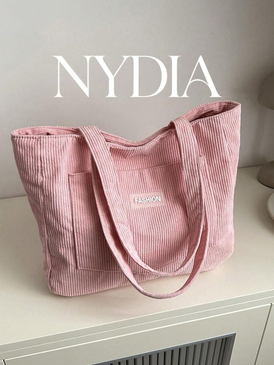 Corduroy Big Capacity Solid Color Simple Tote Bag, Tote Bags For Students, Multiple Compartments, Perfect For Beach, School, Work & Daily Use, Summer Outfits - Pink - View 1