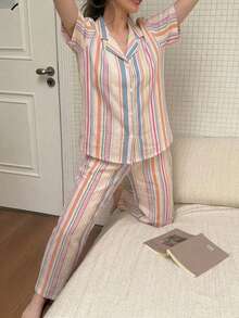 DAZY Women's Striped Patchwork Single-Breasted Short Sleeve Top And Long Pants Casual Loungewear Set - Multicolor - View 4