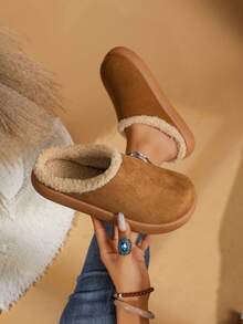 PWIIMG Women's Thick Sole Closed Toe Plush Slippers, Plush Lining Backless Slippers, Autumn Home Fuzzy Slippers Beach Plush Lining Fine Fur Home - Brown - View 1