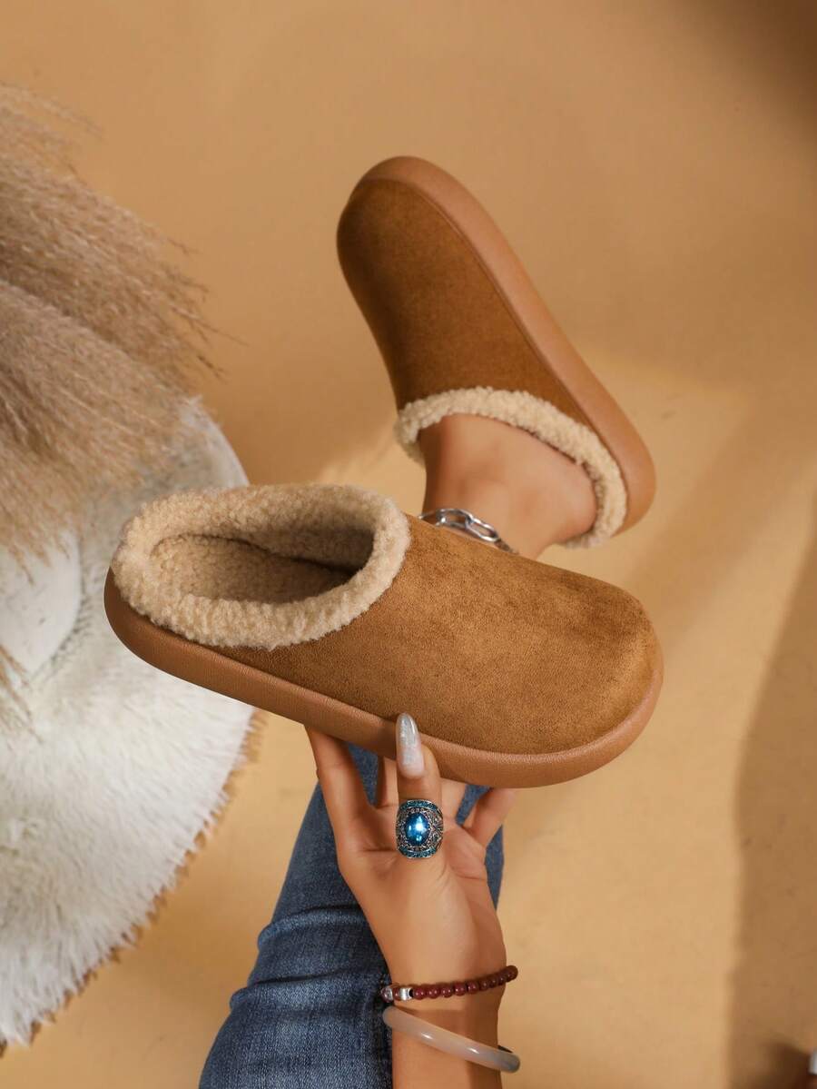 PWIIMG Women's Thick Sole Closed Toe Plush Slippers, Plush Lining Backless Slippers, Autumn Home Fuzzy Slippers Beach Plush Lining Fine Fur Home - Brown - View 1